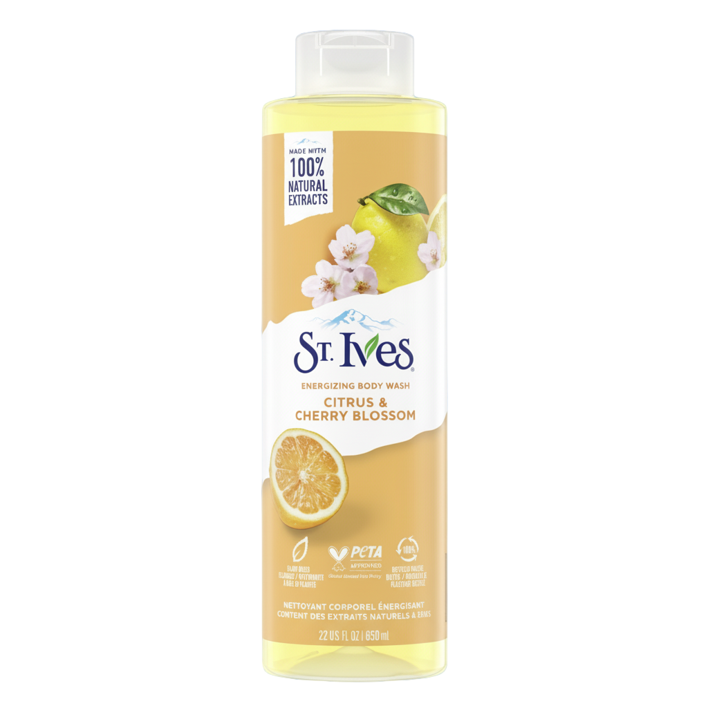 St. Ives body wash bottle with citrus and cherry blossom design on a blue background