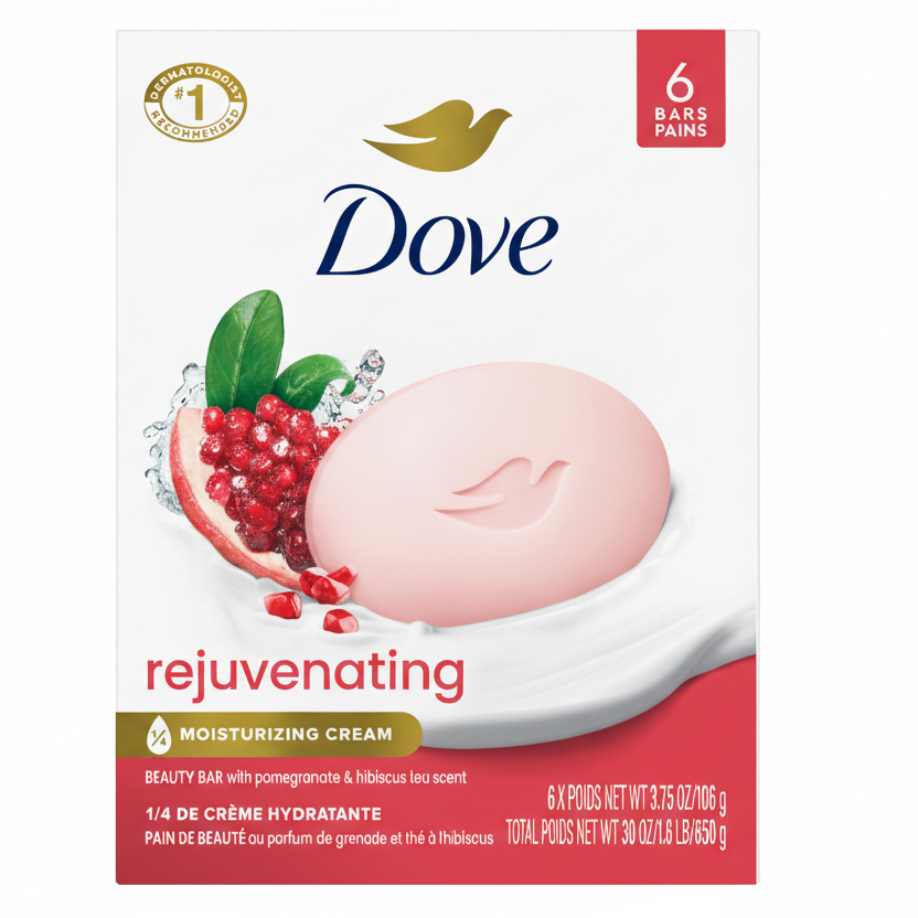 Dove Soap - Rejuvenating Beauty Bar - Pomegranate and Hibiscus Tea Scent - 106g - 6 Pack