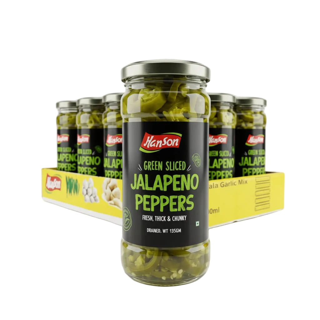 Hanson - GREEN SLICED JALAPENO PEPPERS - Glass Bottle 135gm - Pack of 12 - 1.62kg