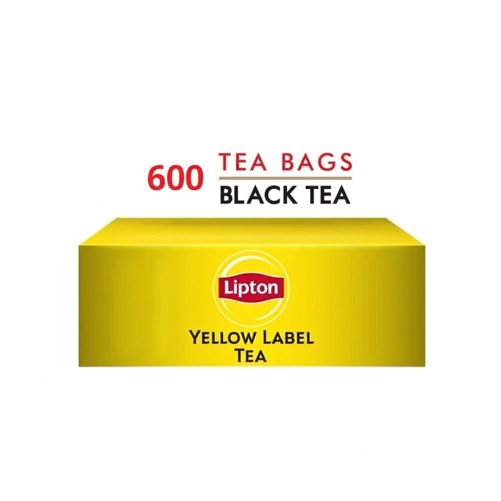 A pack of Lipton Yellow Label black tea bags, with a yellow background and the text '500 TEA BAGS' prominently displayed. The Lipton logo is at the top, and the product name is mentioned as 'Black Tea'.