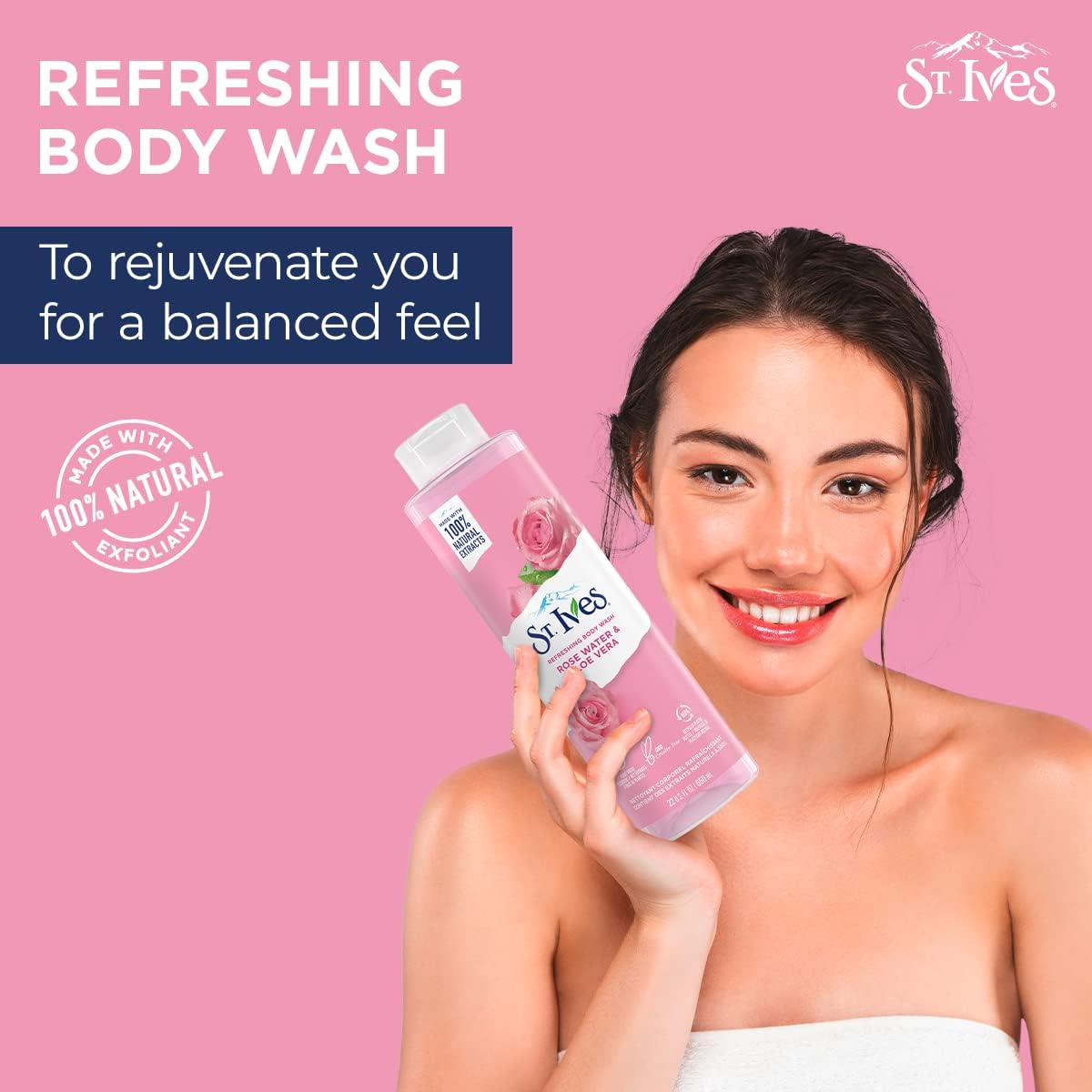 ST. Ives - Rose Water & Aloe Vera - Refreshing Cleanser - Shower Gel Body Wash - 650 ml / 22 Fl. Oz