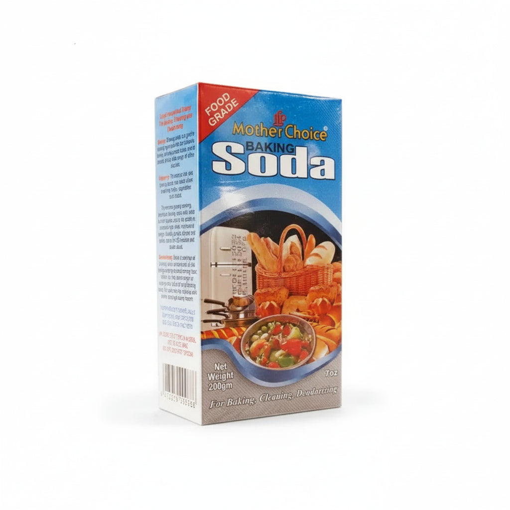 Box of Mother Choice Baking Soda with images of bread and soup on a white background