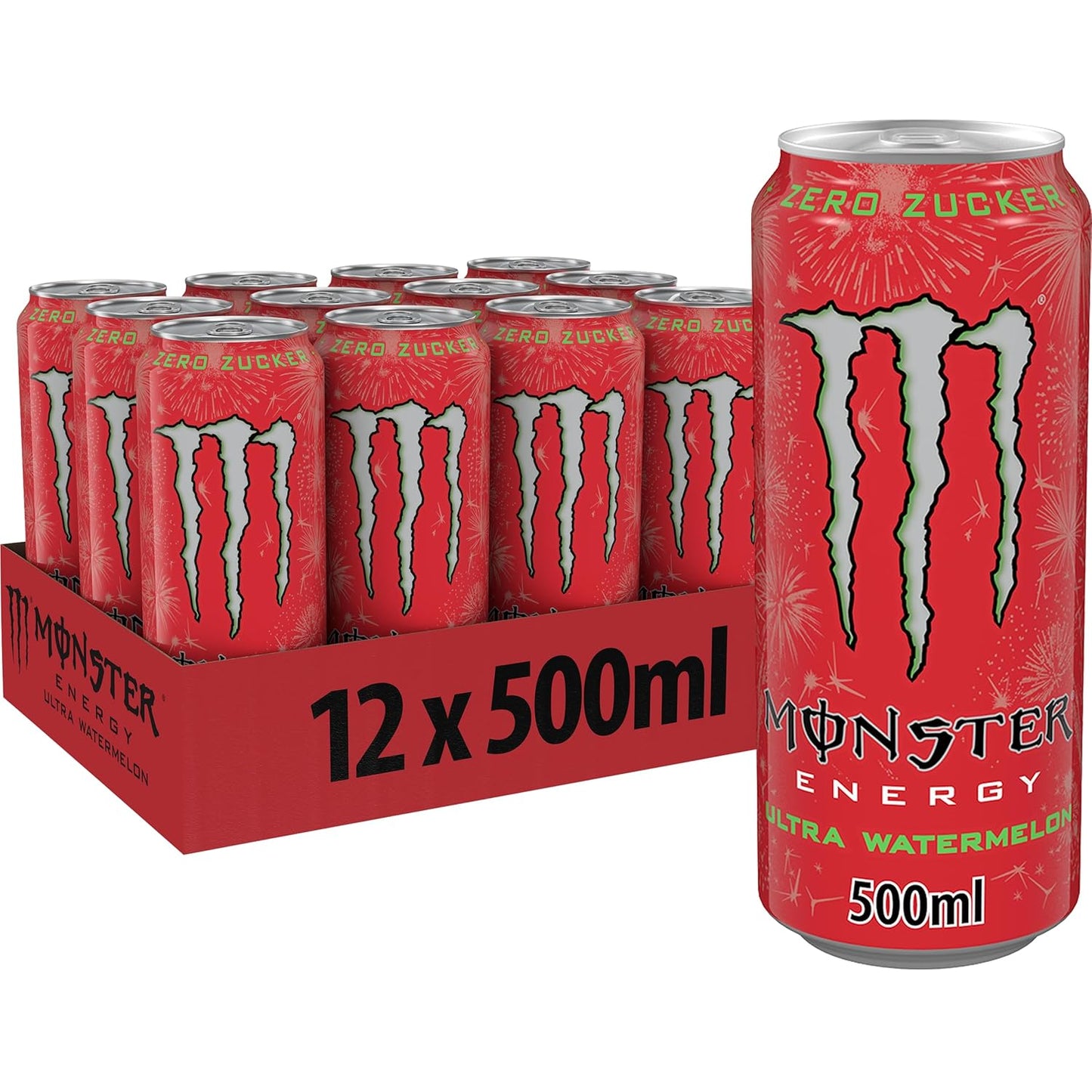 Box of Monster Energy Ultra Watermelon cans with a single can in front on a white background