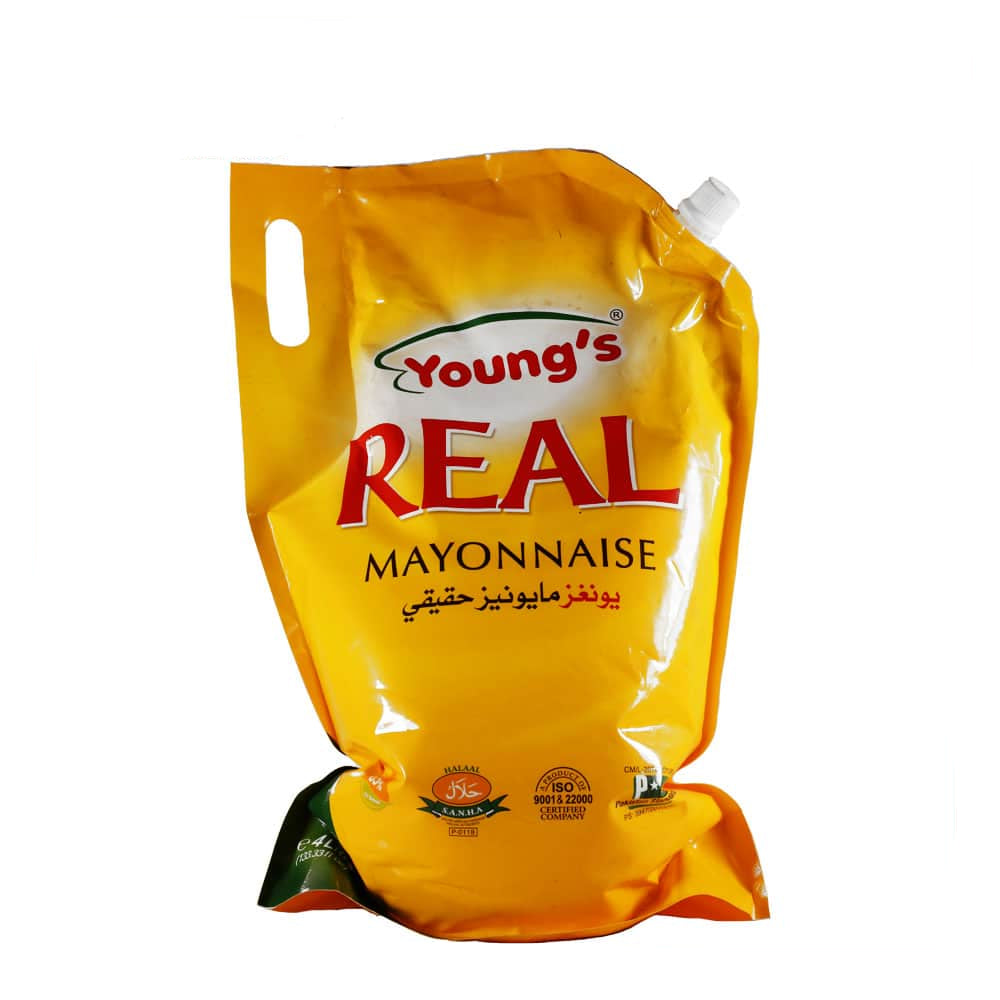 Yellow packaging of Young's Real Mayonnaise with brand logo on a white background