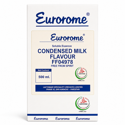A 500 ml box of Eurorome Condensed Milk Flavour soluble essence, featuring a white box with blue and beige text and logos, including halal certification marks.
