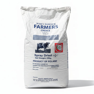 Bag of Farmers Choice Whey Powder with a cow illustration on a white background