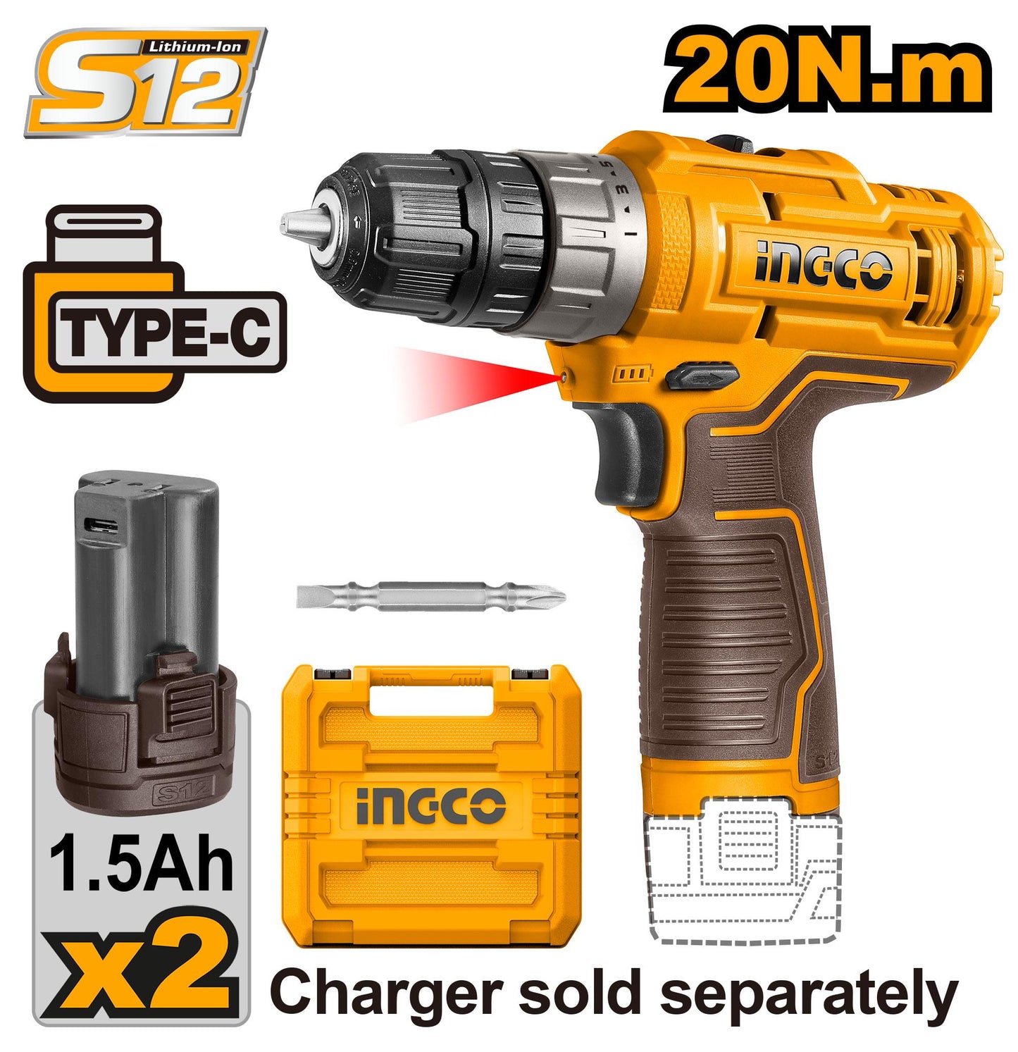 INGCO - Cordless drill 12v CDLI12202