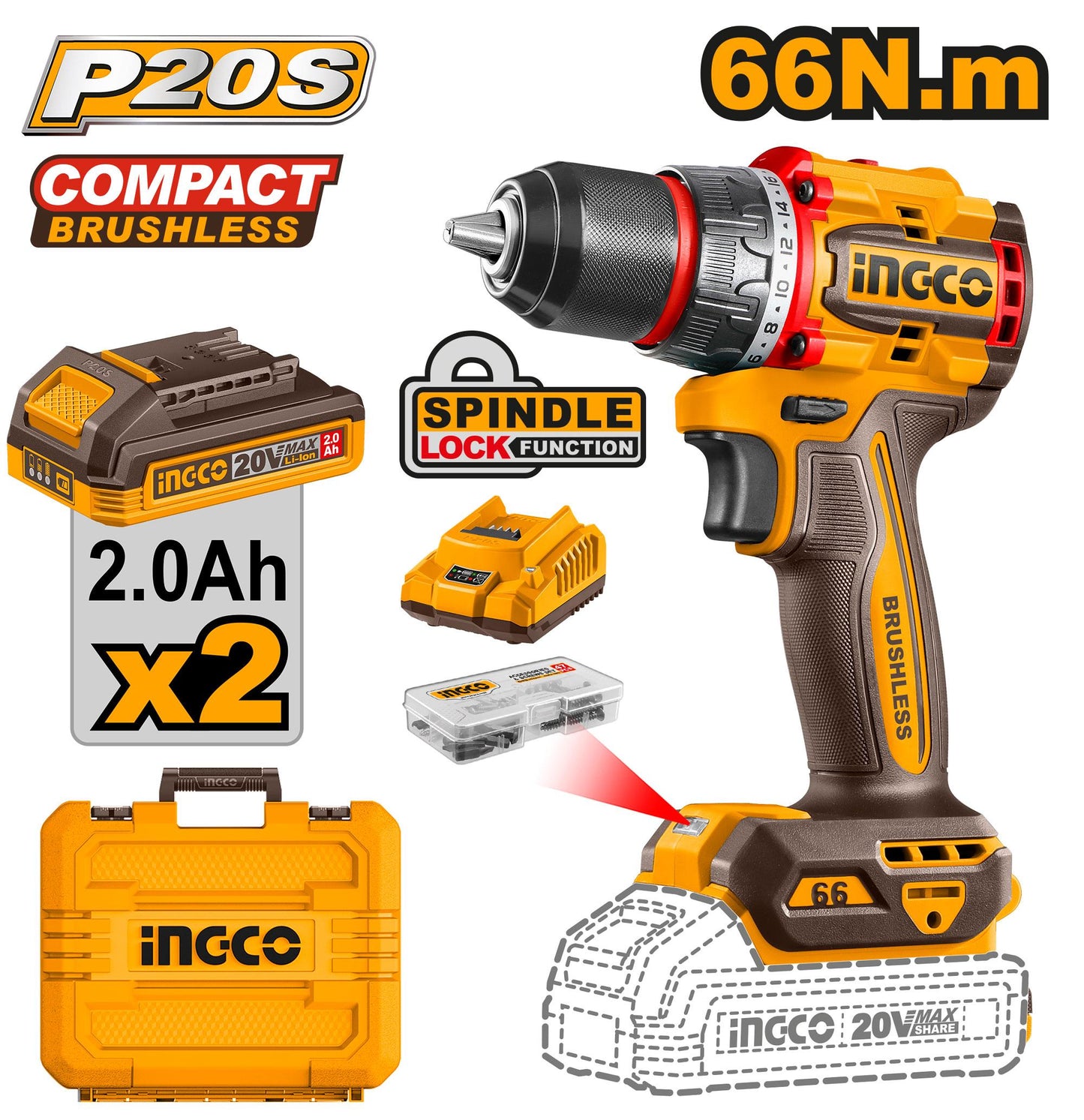 INGCO - Compact Brushless Cordless Drill 20v CDLI20668