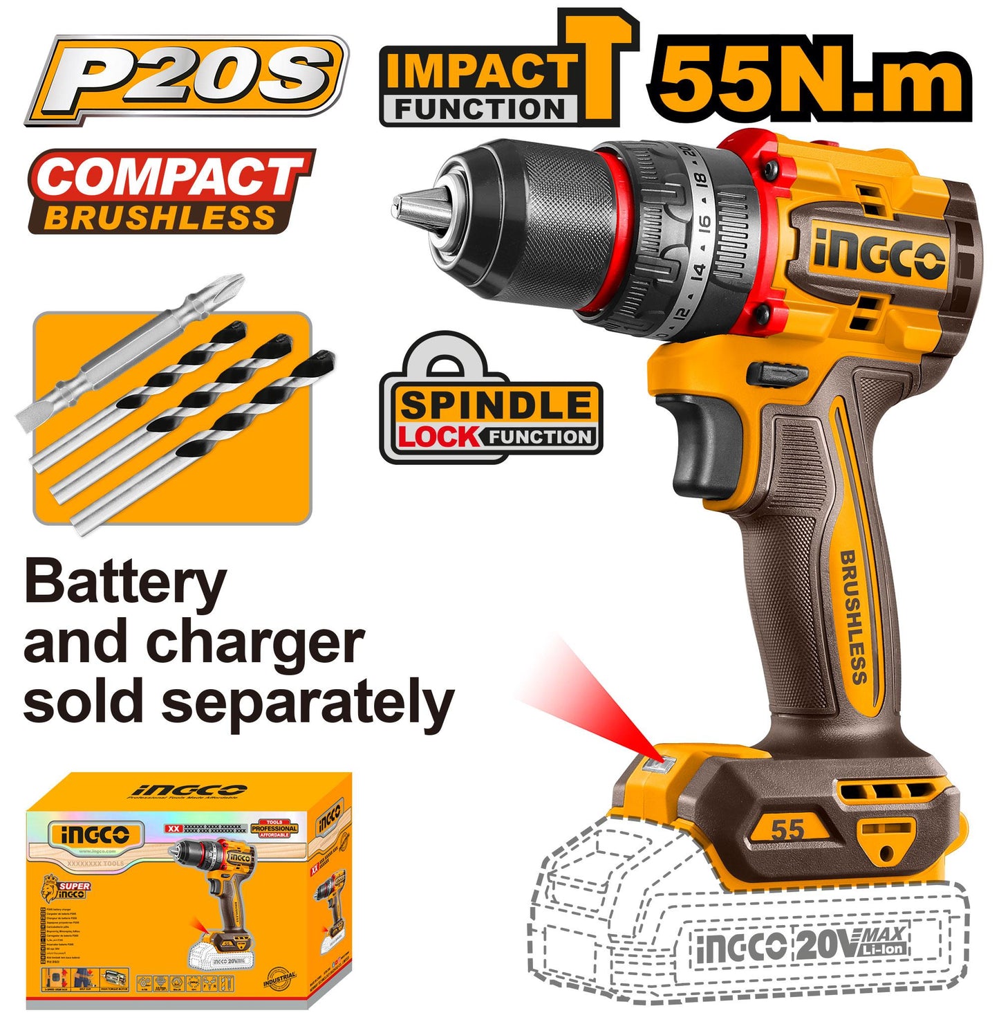 INGCO - Compact Brushless Cordless Impact Drill 20v CIDLI205581