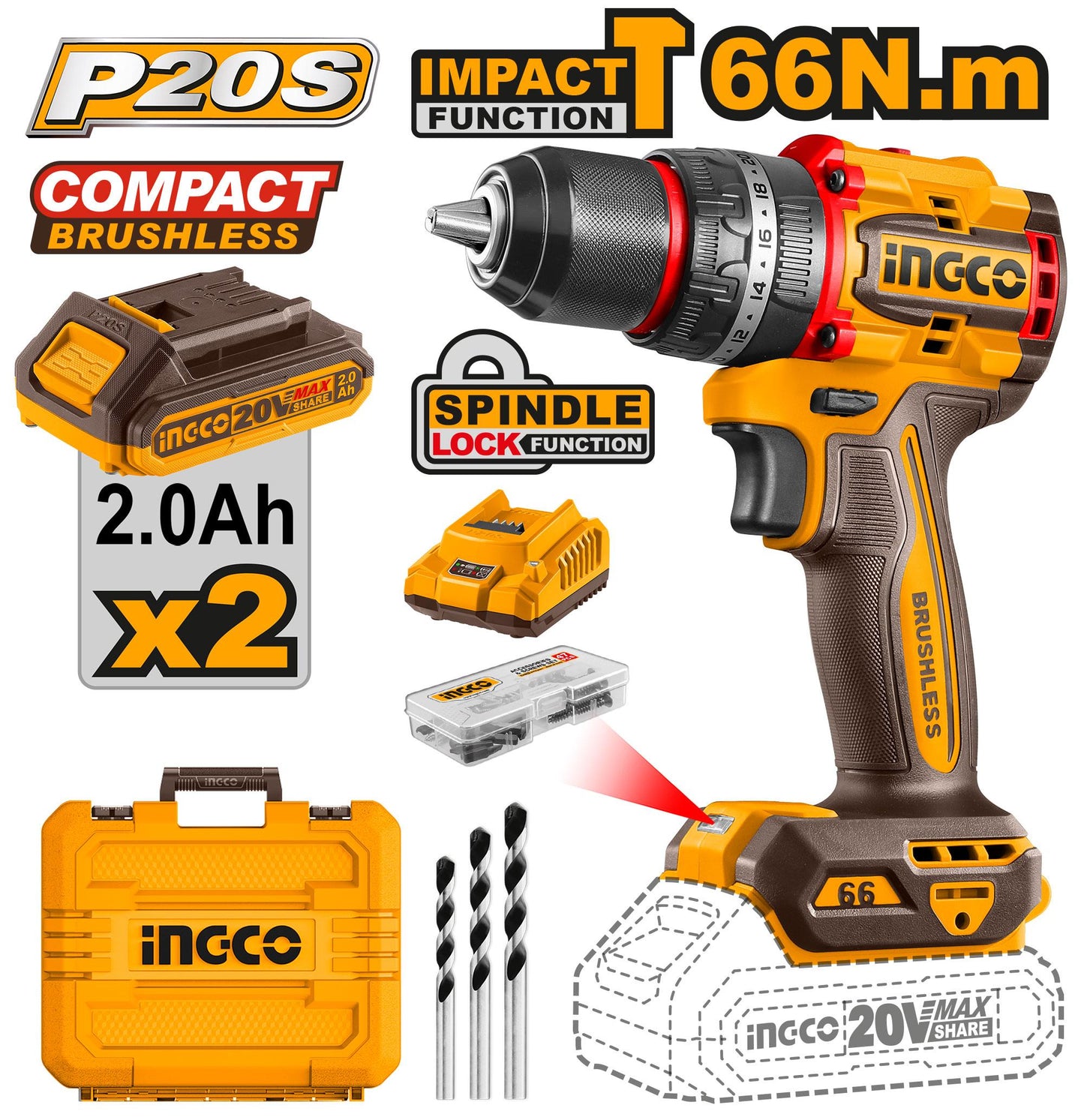 INGCO - Compact Brushless Cordless Impact Drill 20v CIDLI20668