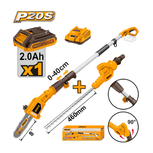 INGCO - Cordless pole saw with pole hedge trimmer 20V CPTS201681