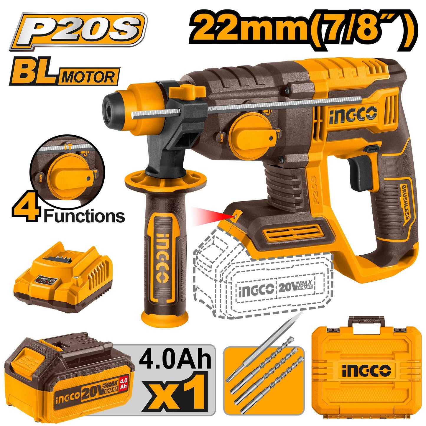 INGCO - Cordless rotary hammer 20v CRHLI202081
