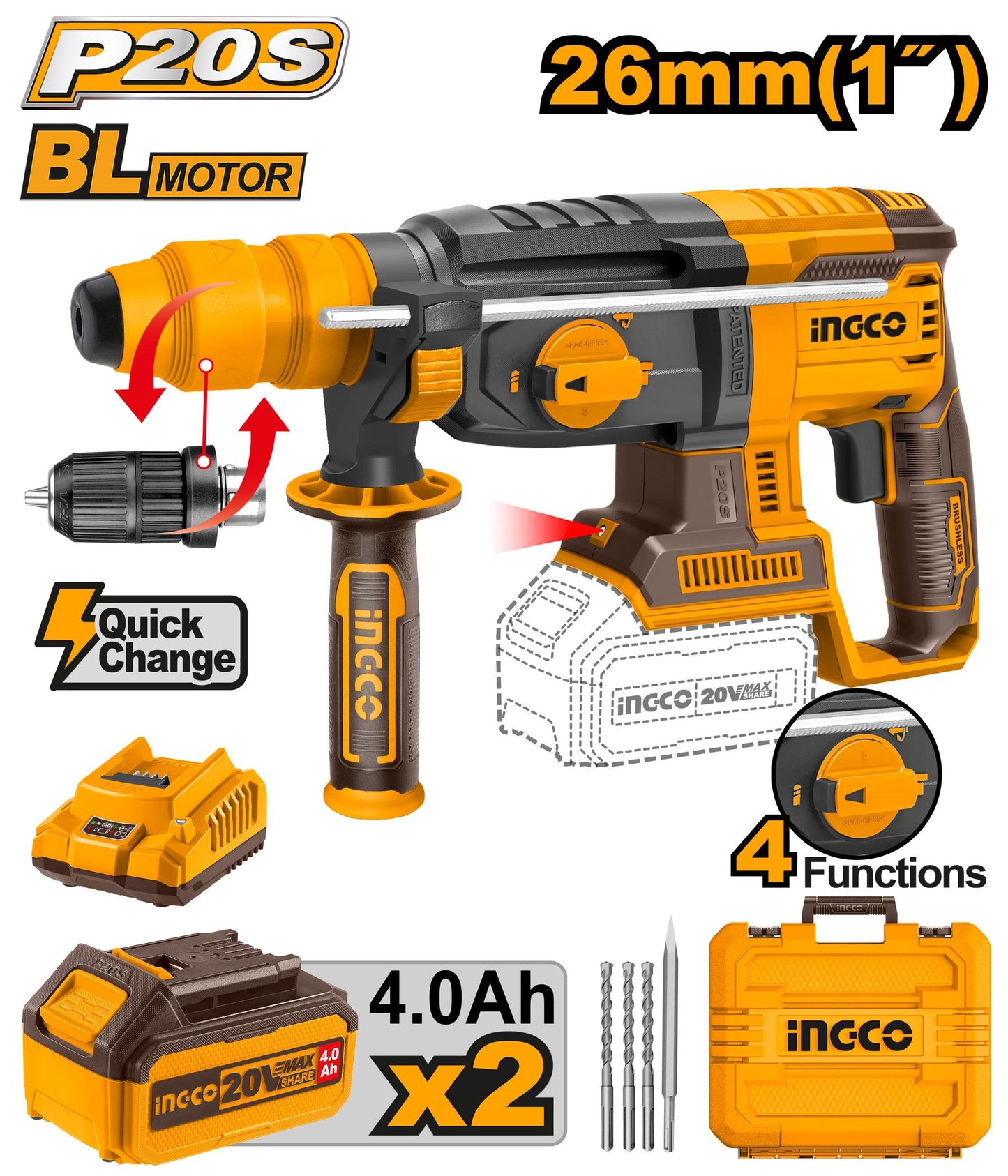 INGCO - Cordless rotary hammer 20v CRHLI202289