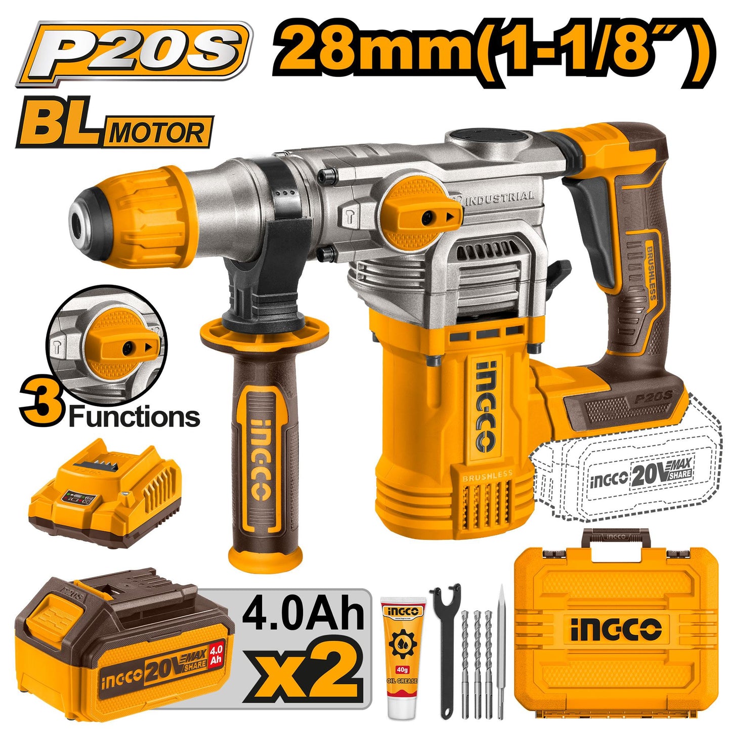 INGCO - Cordless rotary hammer 20v CRHLI202882