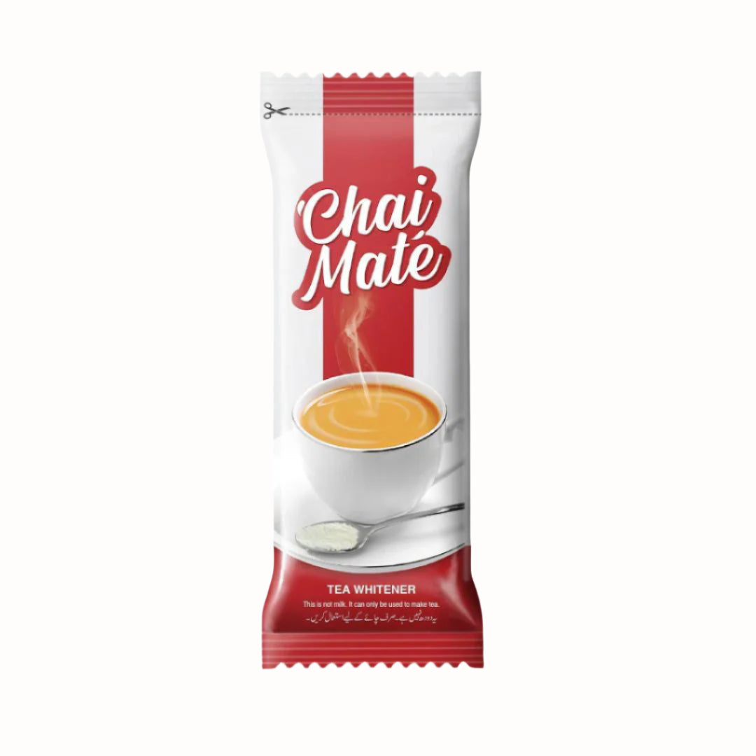 Chai Mate tea whitener package on a gray background