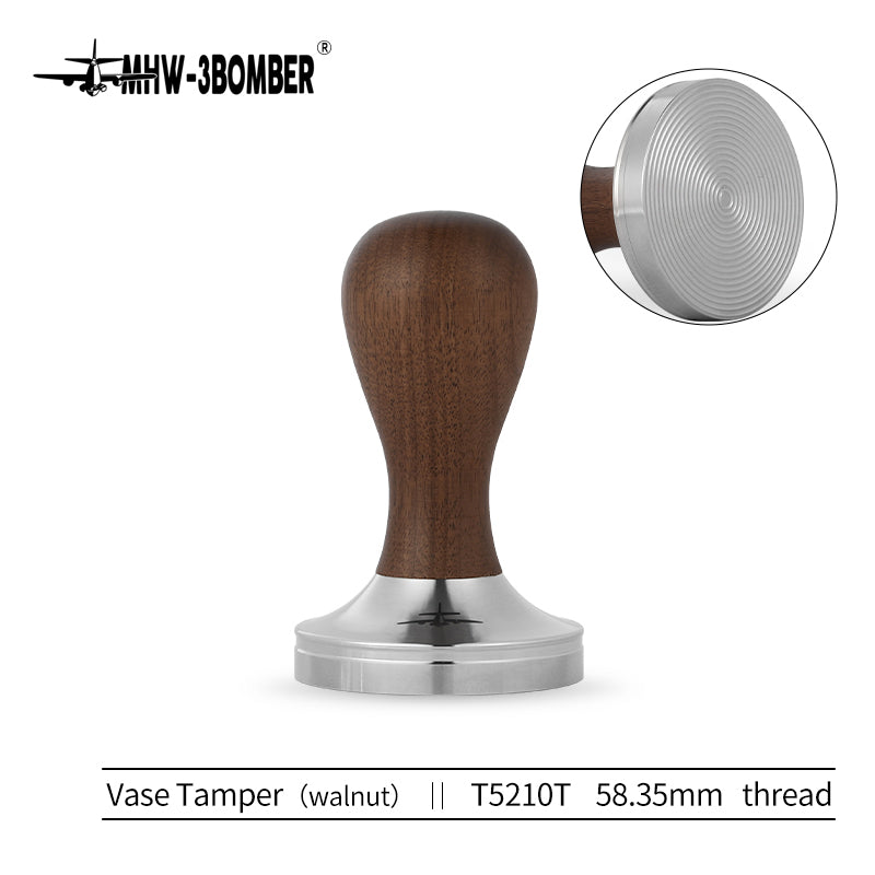 Coffee Cartel - MHW3 Bomber - Vase Tamper-58.35mm - Universal, Walnut Handle, Threaded, Stainless Steel - T5210T