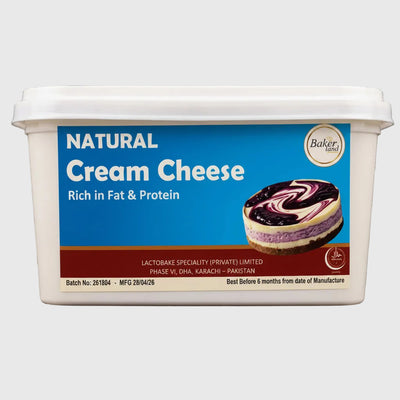 Container of natural cream cheese with blue label and white lid.