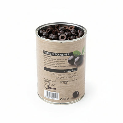 Container of sliced black olives with label on a wooden surface