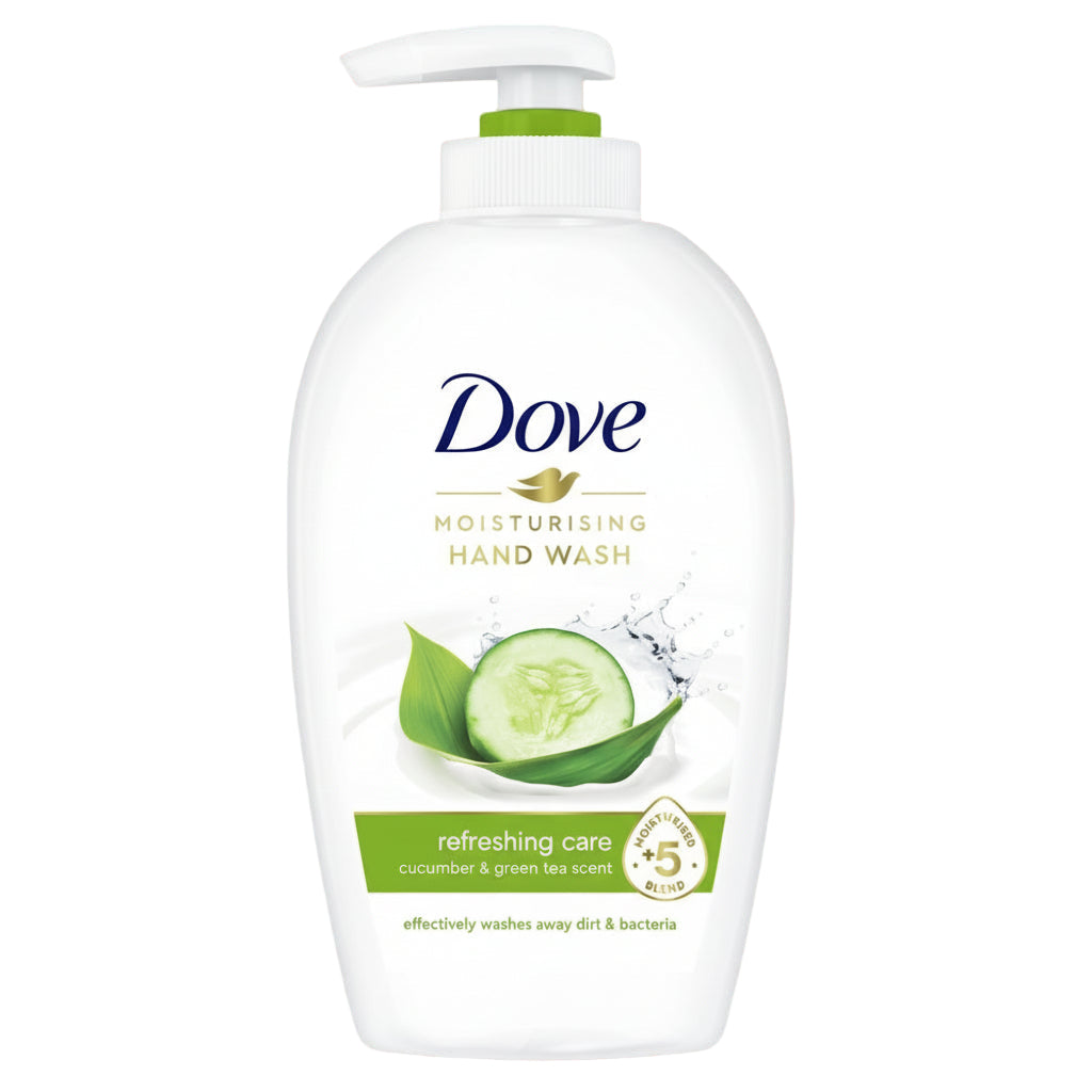 Dove moisturizing hand wash bottle with cucumber and green tea scent on a pink background