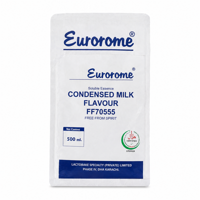 A 500 ml white pouch of Eurorome Condensed Milk Flavour (FF70555) on a clean white background.
