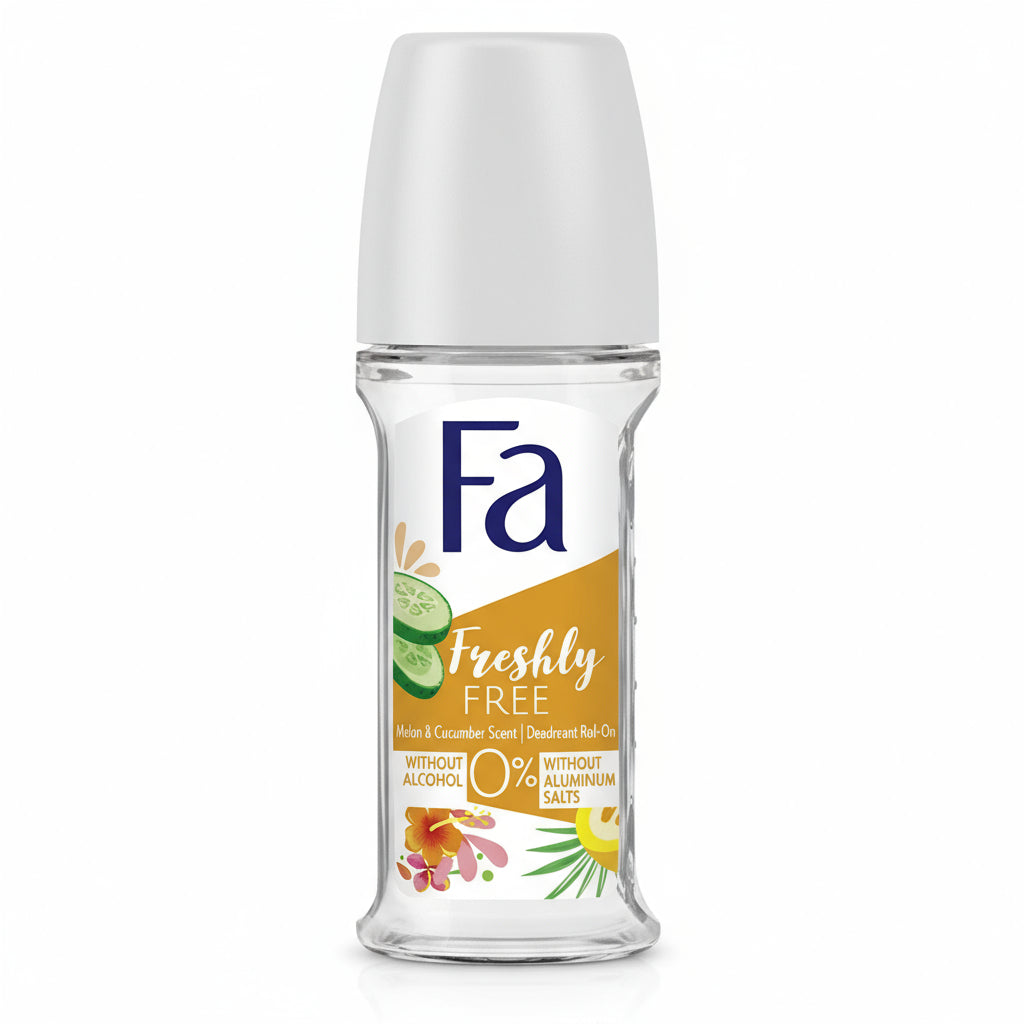 Fa Freshly Free deodorant roll-on bottle on a white background