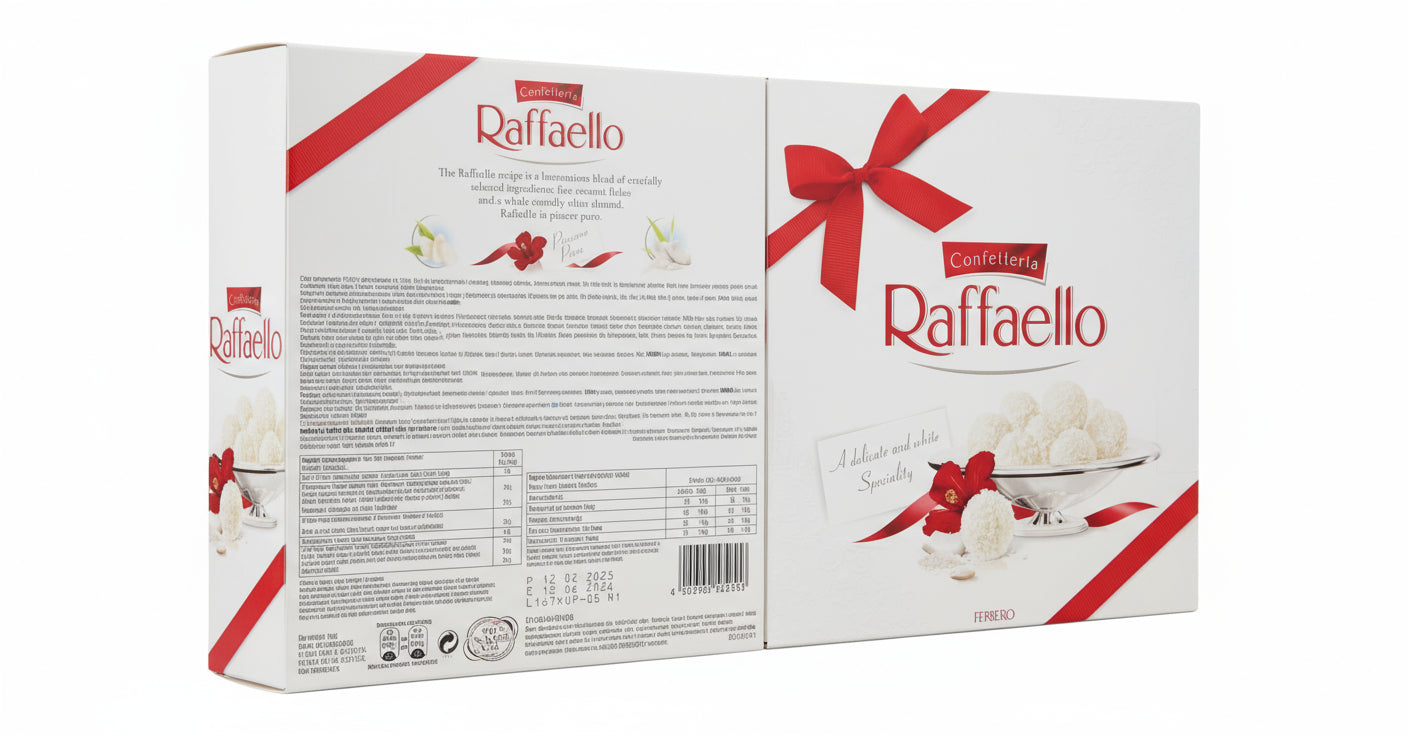 Raffaello chocolate box with a red ribbon on a white background