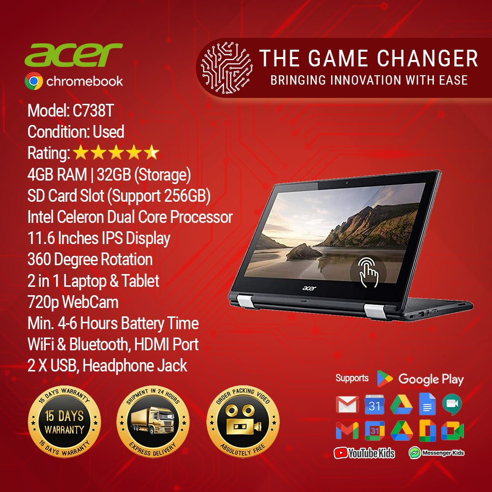Acer Chromebook - R11 -C5R6 - C738T - Celeron N3150 - 11.6" Screen - 4GB RAM - 32GB SSD - 15 Days Merchant Warranty with Charger - (Used)