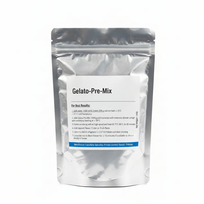 Gelato-pre-mix package with instructions and branding on a white background