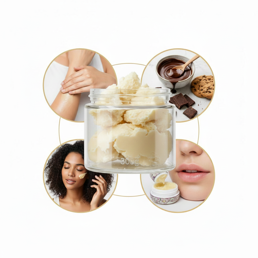 Glass jar of white cream with circular insets showing people using the cream on their face and hands, and a bowl of chocolate.