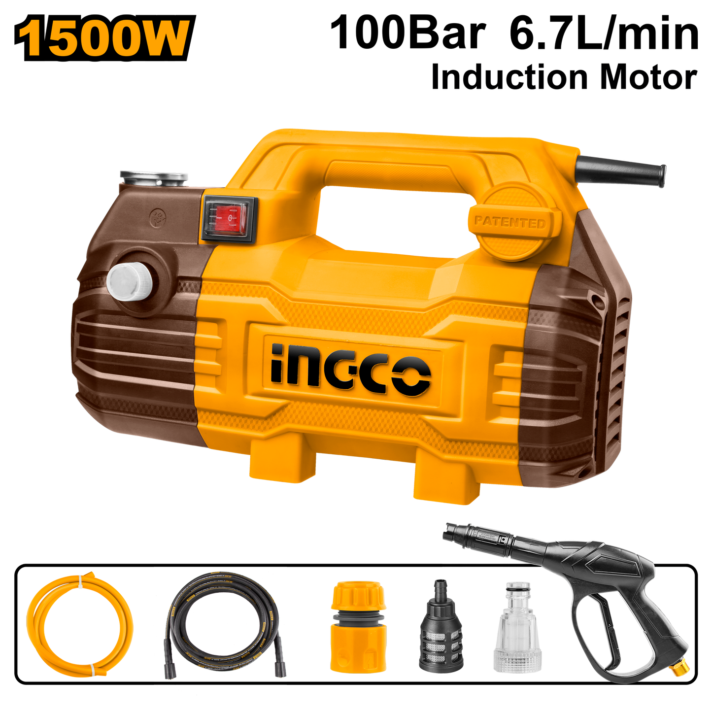 INGCO - 100 Bar (1450 PSI) - 1500 Watt - Induction Motor High Pressure Washer With Accessories (HPWR15028)