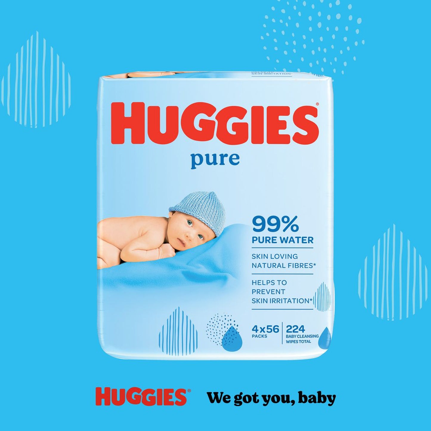 Huggies Baby - Wet Cleansing Wipes - Pure - 4's - Quad Pack - 224ct