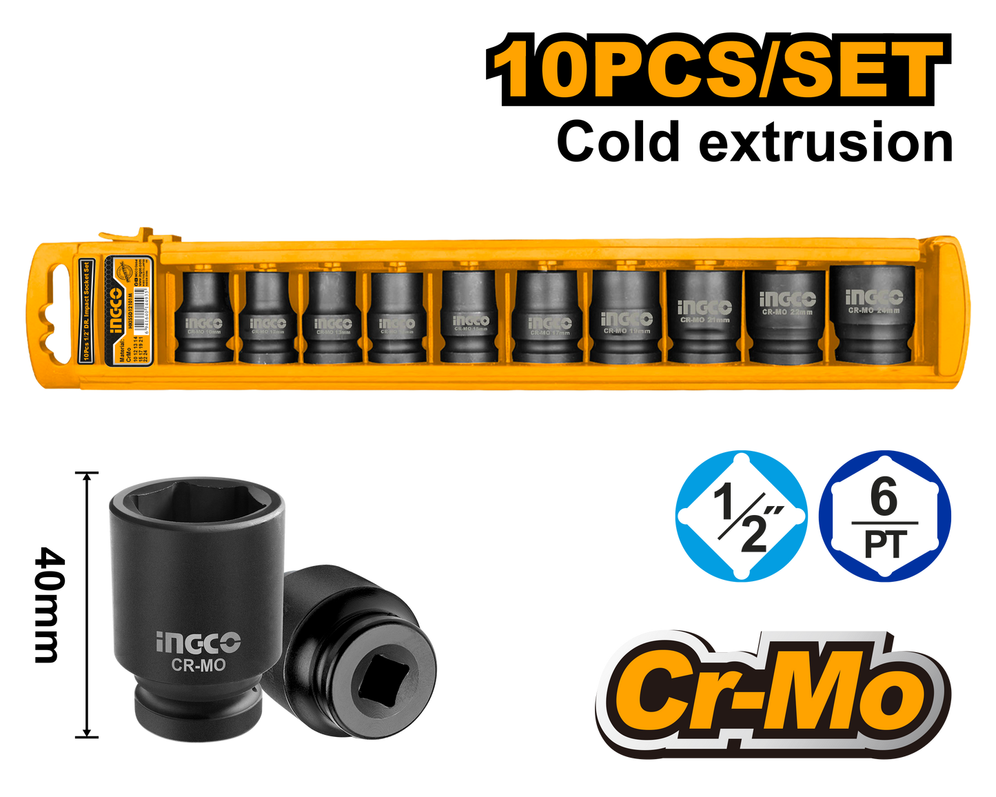 INGCO - 10 Pcs 1/2"DR. impact socket set HKISSD12101