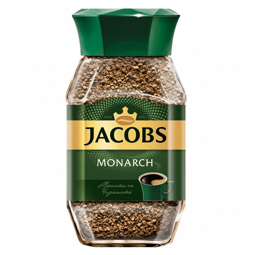 A clear plastic jar of Jacobs Monarch instant coffee with a green lid, displaying the coffee beans inside. The label on the jar includes the brand name and the product name, with a graphic of a coffee cup and the text 'Made in Indonesia'.