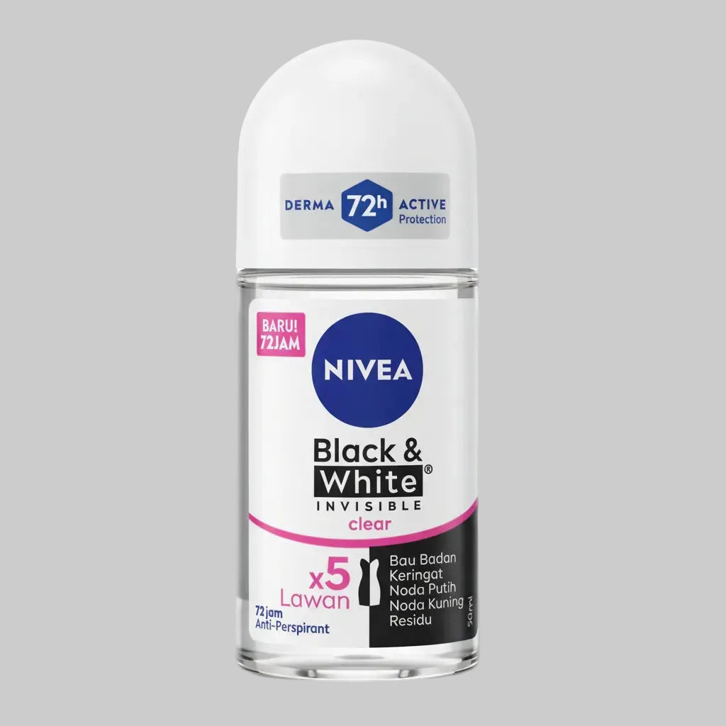 Nivea Black & White Invisible clear deodorant bottle on a gray background
