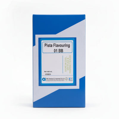 Pista Flavouring 01 BB label on a blue container with a hand holding it.