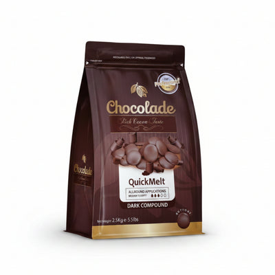 QuickMelt chocolate product packaging with chocolate buttons, sticks, and chips on a white background.