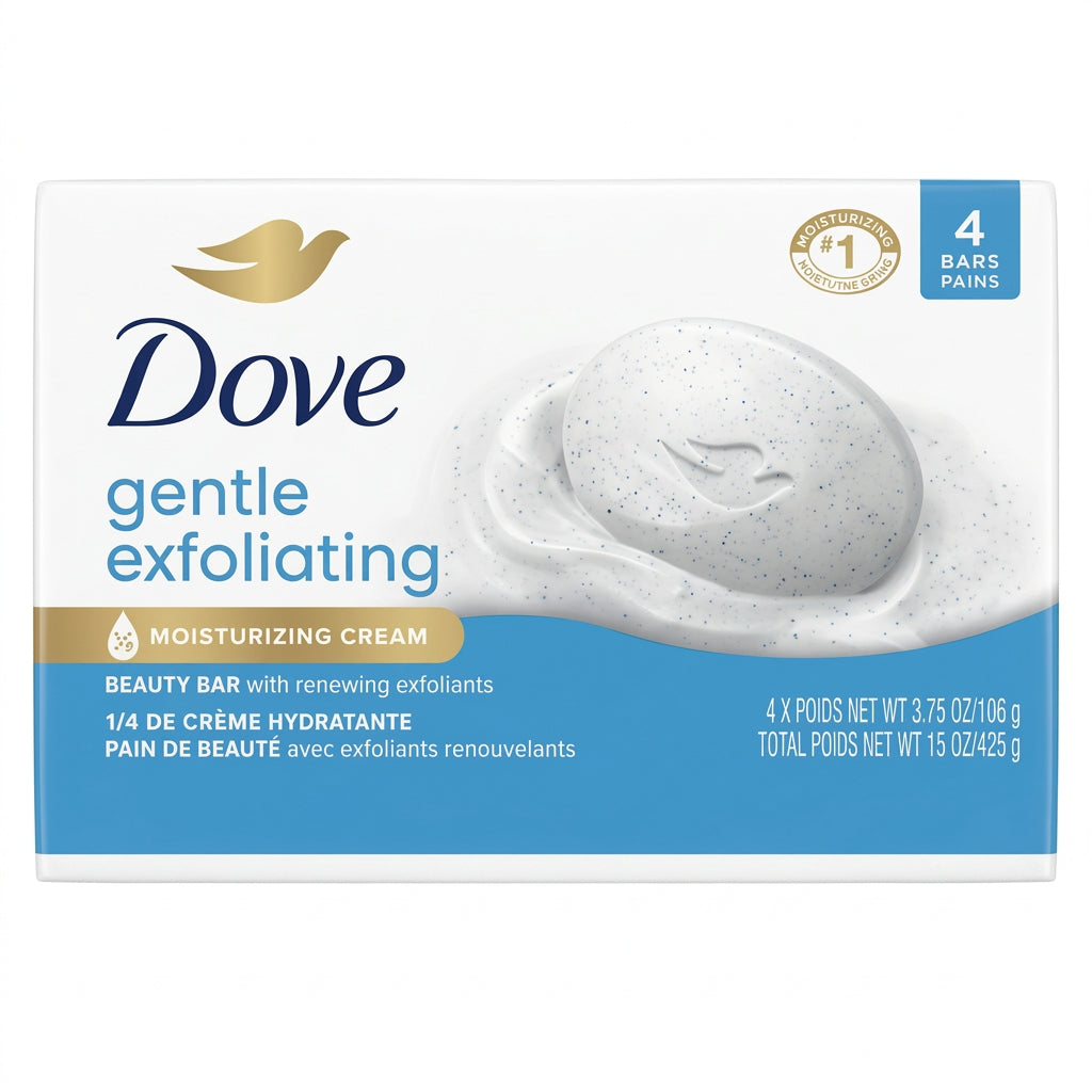 Dove - Soap Bar - GENTLE EXFOLIATING - 4 Bars Pack - 3.75 X 4 = 15 oz