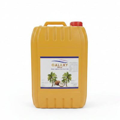 Yellow jerry cans with 'Galaxy' label on a shelf.