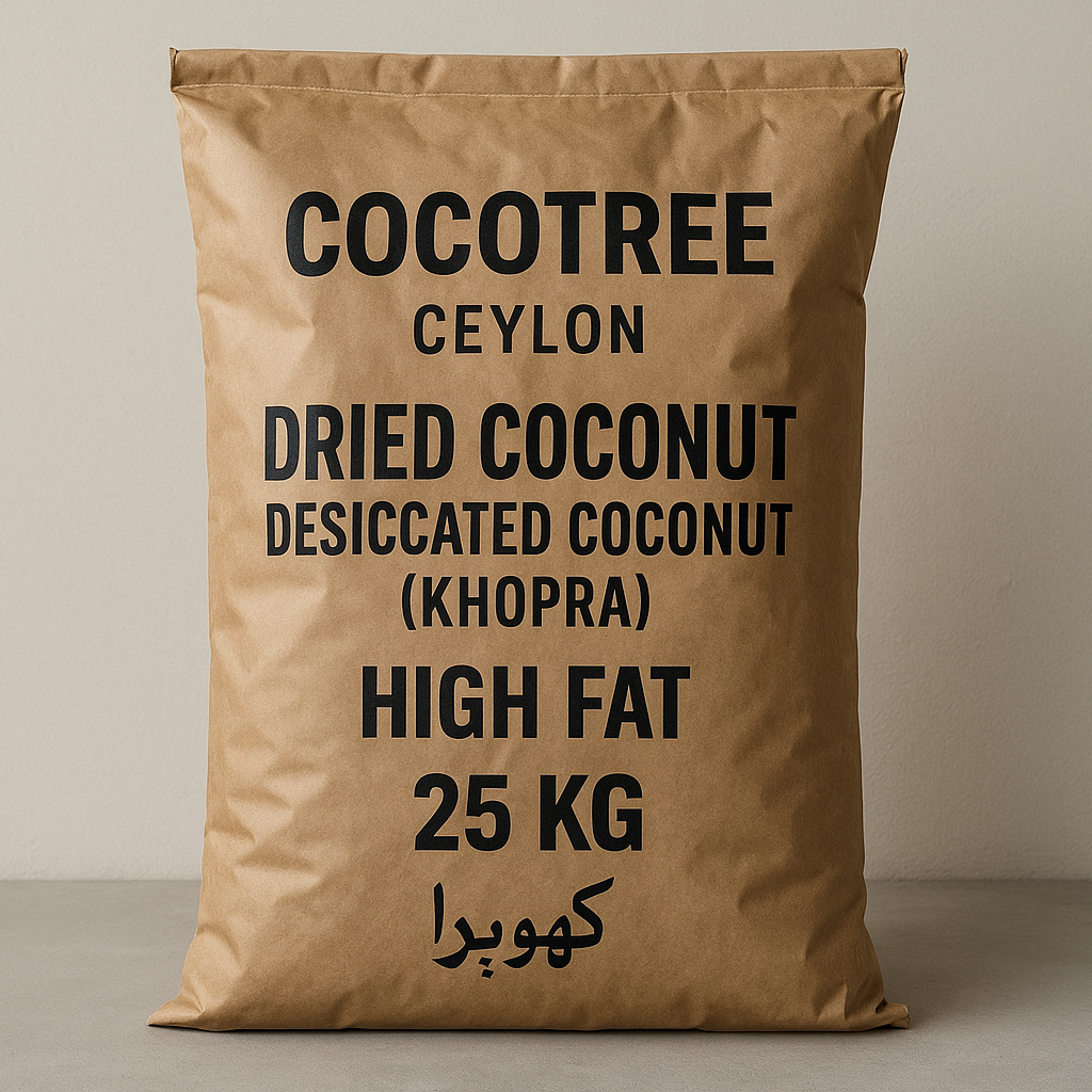 a 25 kg brown paper bag with the label Cocotree - Ceylon - Dried Coconut - Desiccated Coconut (Khopra) high Fat - 25 KG - کھوپرا