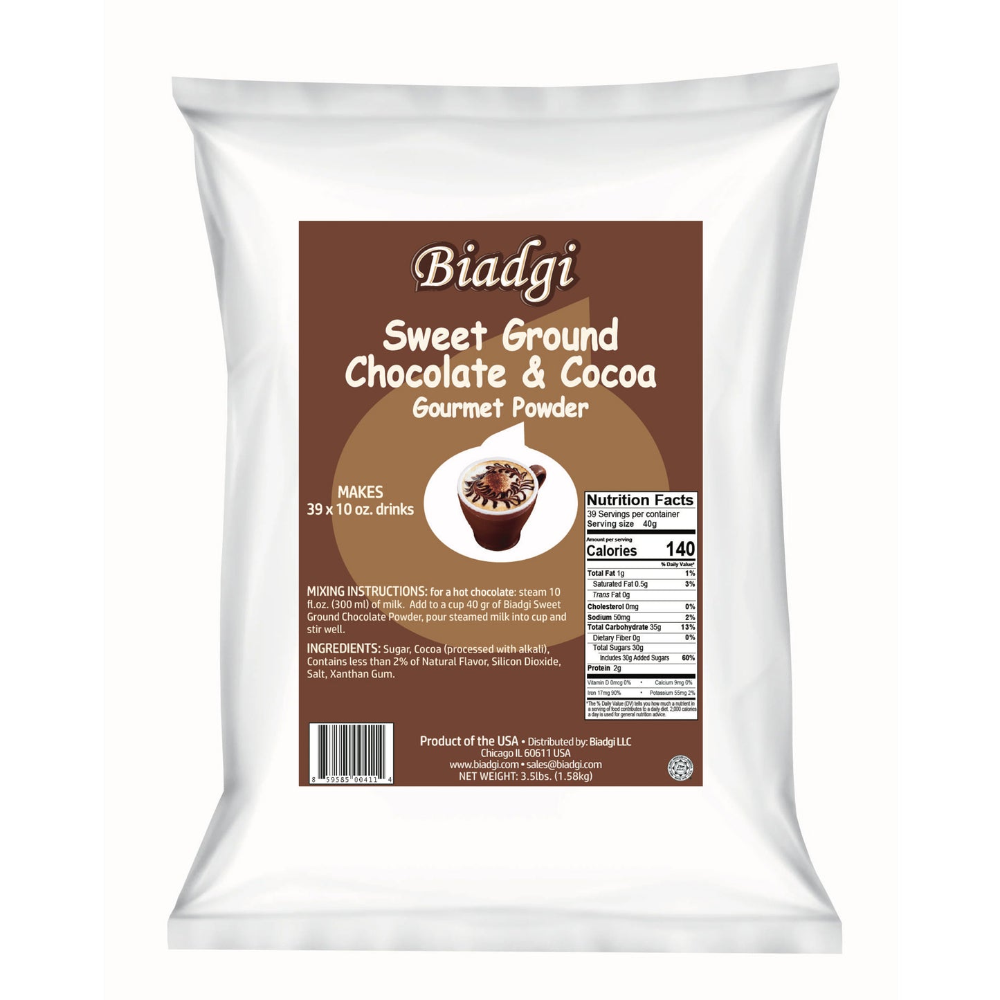 Biadgi - Sweet Ground Chocolate & Cocoa - Gourmet Powder - 1 Pack of 3.5lbs (1.58k)