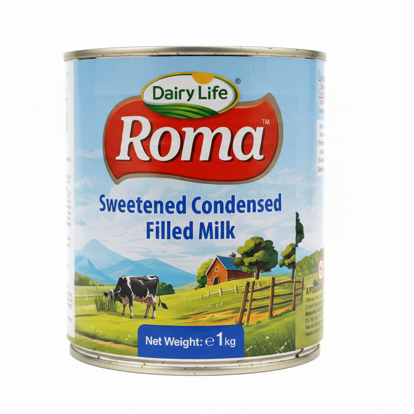 Can of Dairy Life Roma Sweetened Condensed Filled Milk on a reflective surface