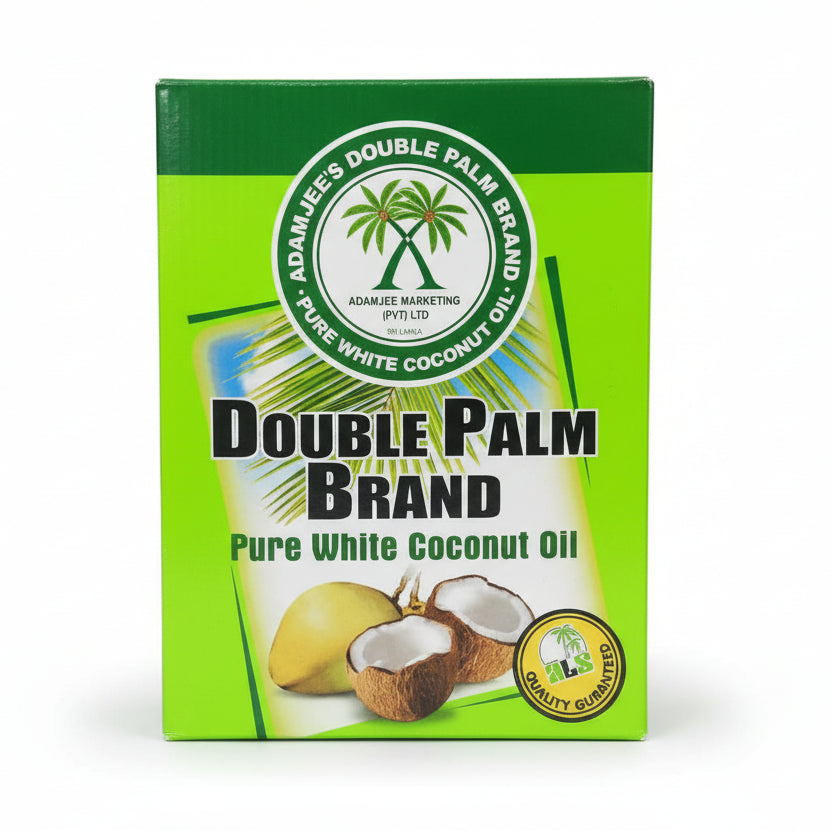 Double Palm Brand pure white coconut oil packaging on a white background