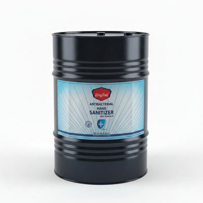 A large white plastic jug of Kingbii Antiseptal Hand Sanitizer sitting on a beige textured surface in an indoor setting.