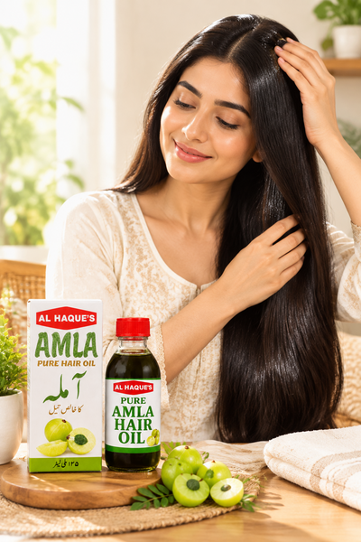 A woman with long, shiny black hair is shown indoors beside a bottle and box of Al Haque's Amla Pure Hair Oil on a wooden table, with green amla fruits and a towel nearby.