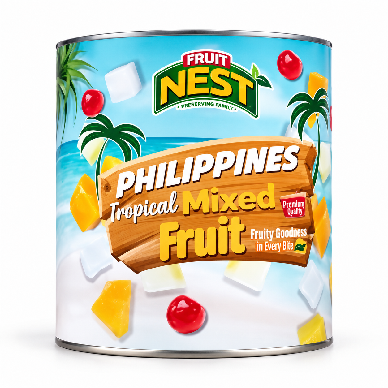 A can of Fruit Nest Philippines Tropical Mixed Fruit on a clean white background. The label features a tropical beach design with palm trees, blue water, and floating illustrations of various fruits like mangoes, papayas, and cherries, with the Fruit Nest logo prominently displayed at the top.