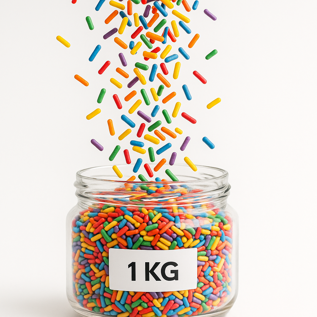 rainbow sprinkles falling into a jar container. 1 KG written on label