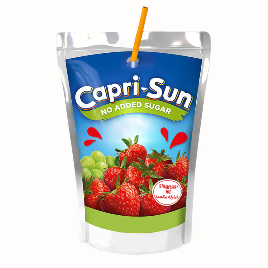 Capri-Sun no added sugar strawberry juice pouch with a straw on a white background