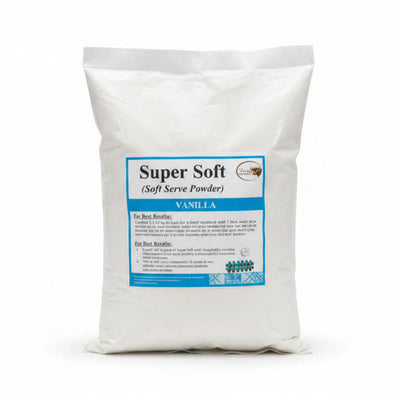 Three packages of Super Soft ice cream powder with labels on a white surface.