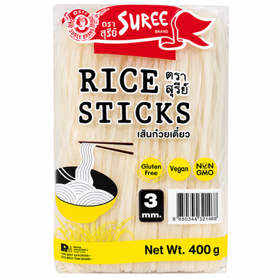 Suree Brand Rice Sticks 3mm – Thai Rice Noodles – Gluten Free, Vegan & Non-GMO – 400g