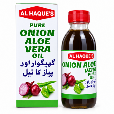 Al Haque's Pure Onion Aloe Vera Oil shown with its white cardboard packaging box and a clear plastic bottle containing dark brown oil, both on a white background.